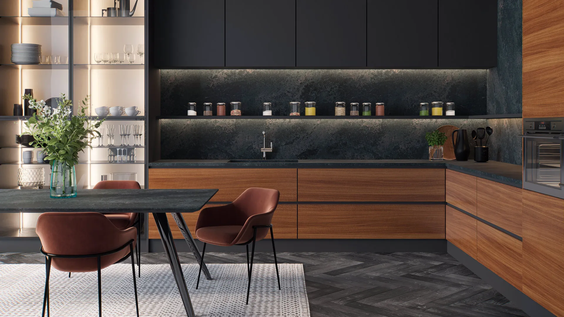 Modern kitchen featuring Caesarstone dark porcelain countertops with integrated drainer grooves, wood cabinetry, and minimalist black accents.