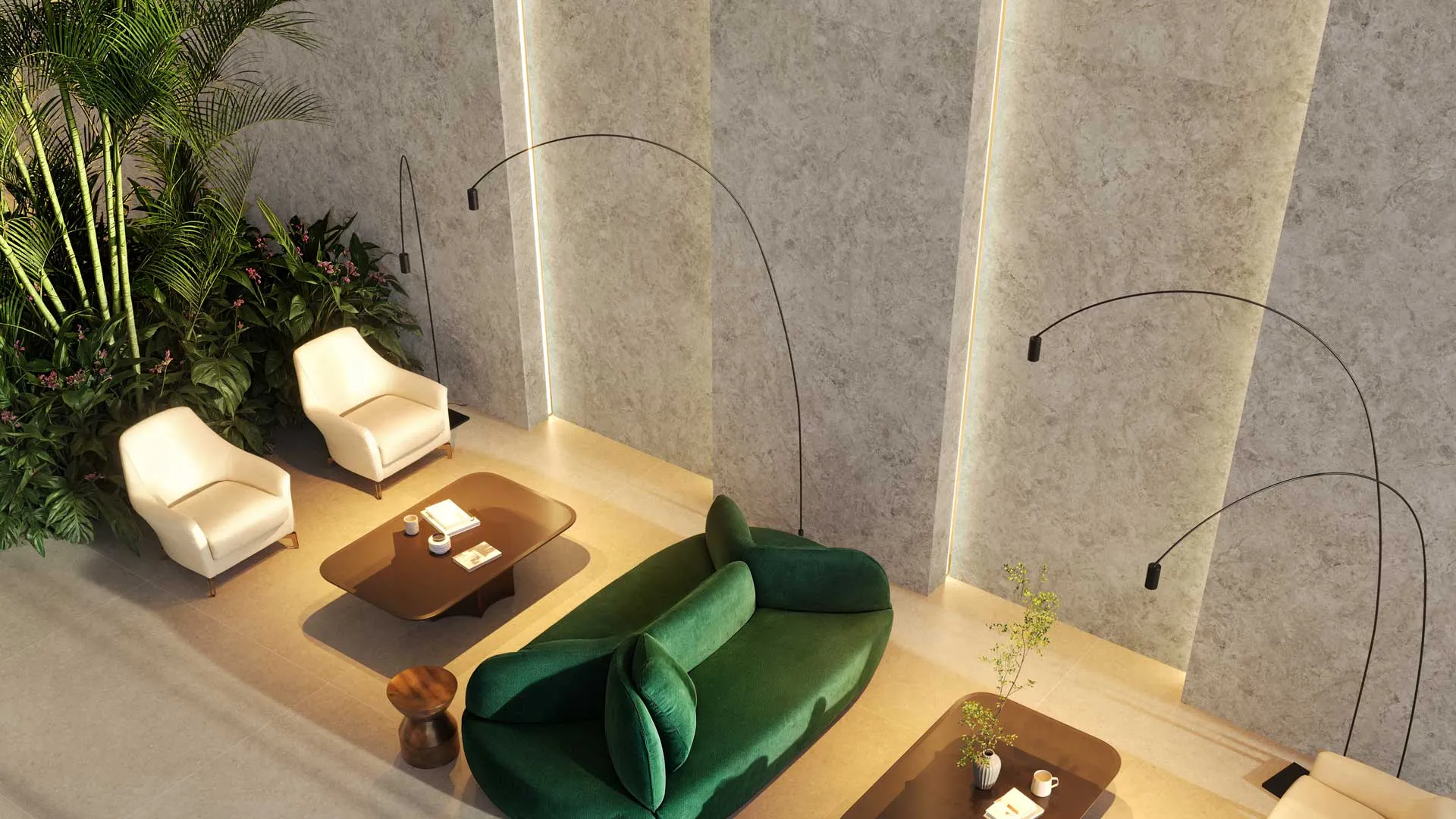 Porcelain Cladding Technical Guide cover with caesarstone porcelain cladding and green sofa